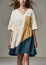 Load image into Gallery viewer, Casual Beige V Neck Wrinkled Patchwork Linen Dress Summer
