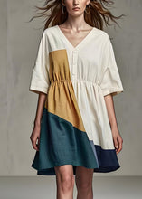 Load image into Gallery viewer, Casual Beige V Neck Wrinkled Patchwork Linen Dress Summer