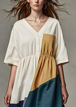Load image into Gallery viewer, Casual Beige V Neck Wrinkled Patchwork Linen Dress Summer