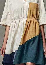 Load image into Gallery viewer, Casual Beige V Neck Wrinkled Patchwork Linen Dress Summer