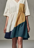 Casual Beige V Neck Wrinkled Patchwork Linen Dress Summer