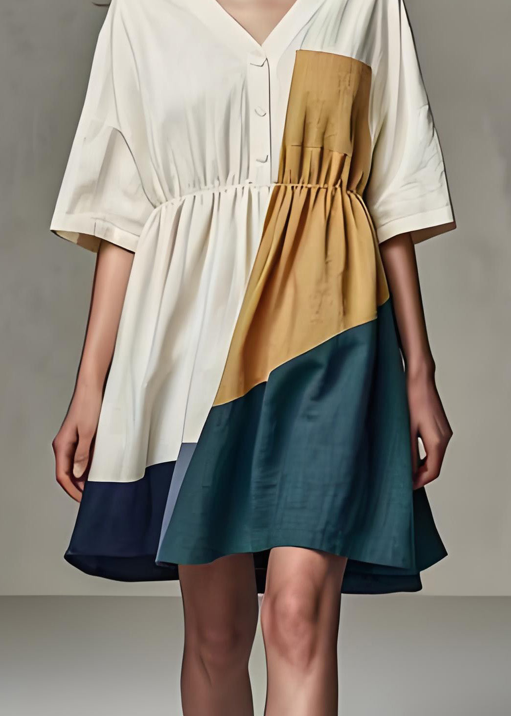 Casual Beige V Neck Wrinkled Patchwork Linen Dress Summer