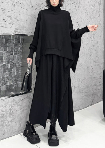 Casual Black Asymmetrical Patchwork Tulle Cotton Two Pieces Set Batwing Sleeve