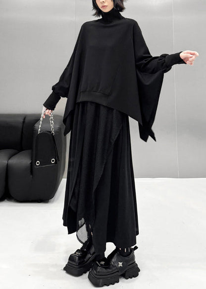 Casual Black Asymmetrical Patchwork Tulle Cotton Two Pieces Set Batwing Sleeve
