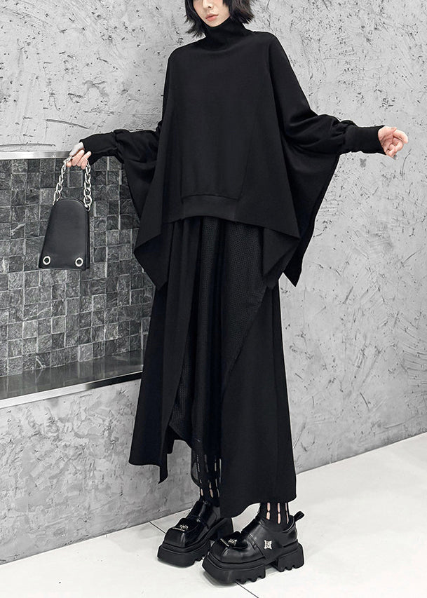 Casual Black Asymmetrical Patchwork Tulle Cotton Two Pieces Set Batwing Sleeve