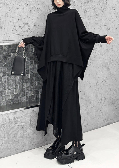 Casual Black Asymmetrical Patchwork Tulle Cotton Two Pieces Set Batwing Sleeve