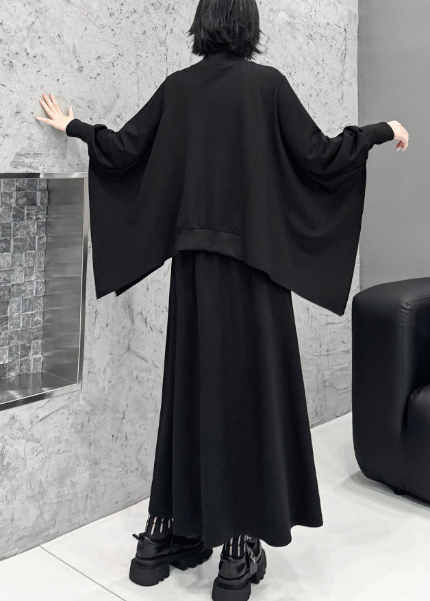 Casual Black Asymmetrical Patchwork Tulle Cotton Two Pieces Set Batwing Sleeve