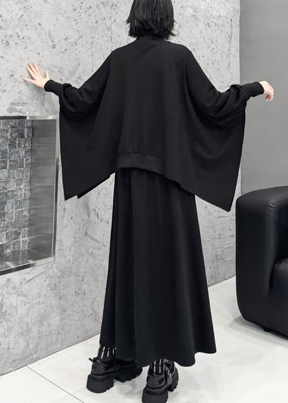 Casual Black Asymmetrical Patchwork Tulle Cotton Two Pieces Set Batwing Sleeve