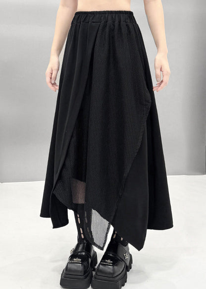 Casual Black Asymmetrical Patchwork Tulle Cotton Two Pieces Set Batwing Sleeve