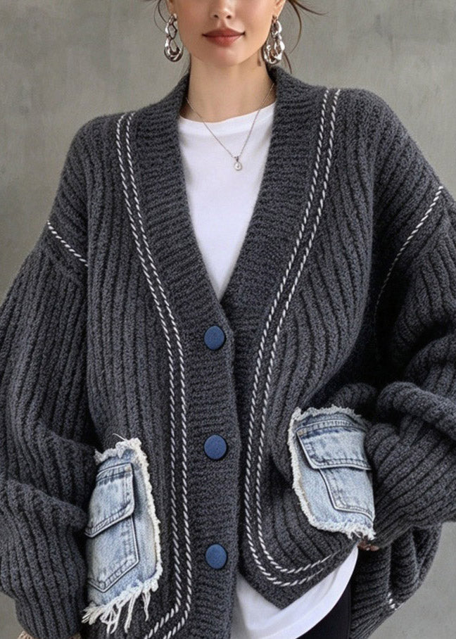 Casual Black Button Pockets Patchwork Cotton Knit Cardigans Fall