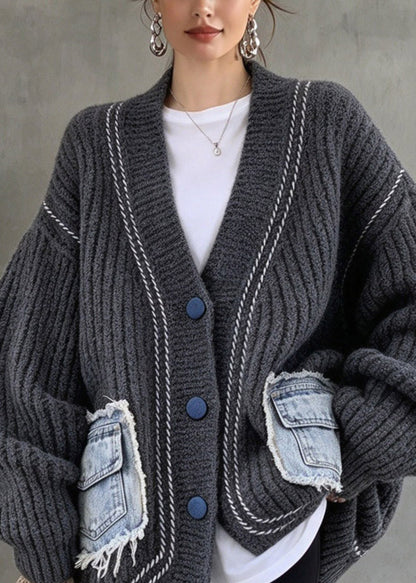 Casual Black Button Pockets Patchwork Cotton Knit Cardigans Fall
