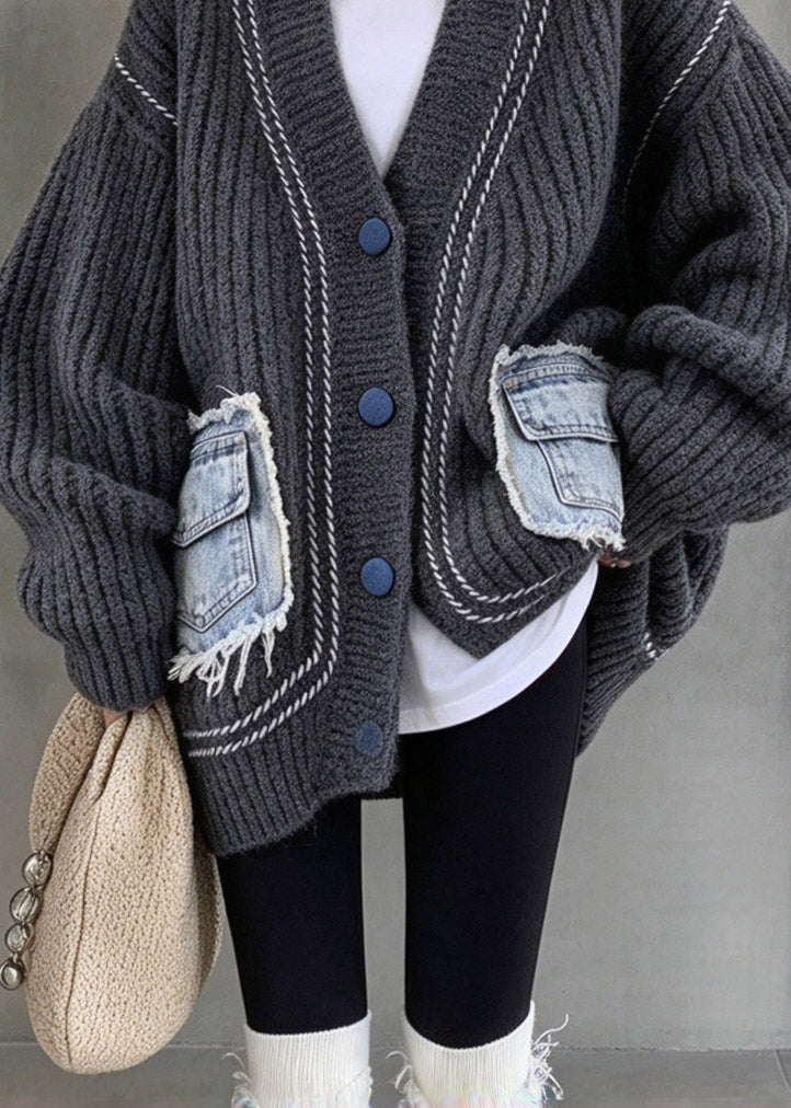 Casual Black Button Pockets Patchwork Cotton Knit Cardigans Fall