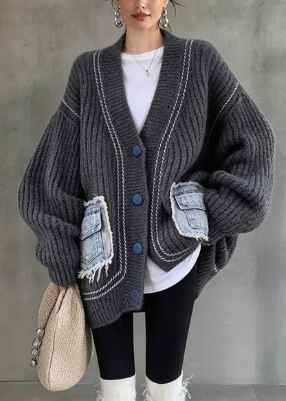 Casual Black Button Pockets Patchwork Cotton Knit Cardigans Fall