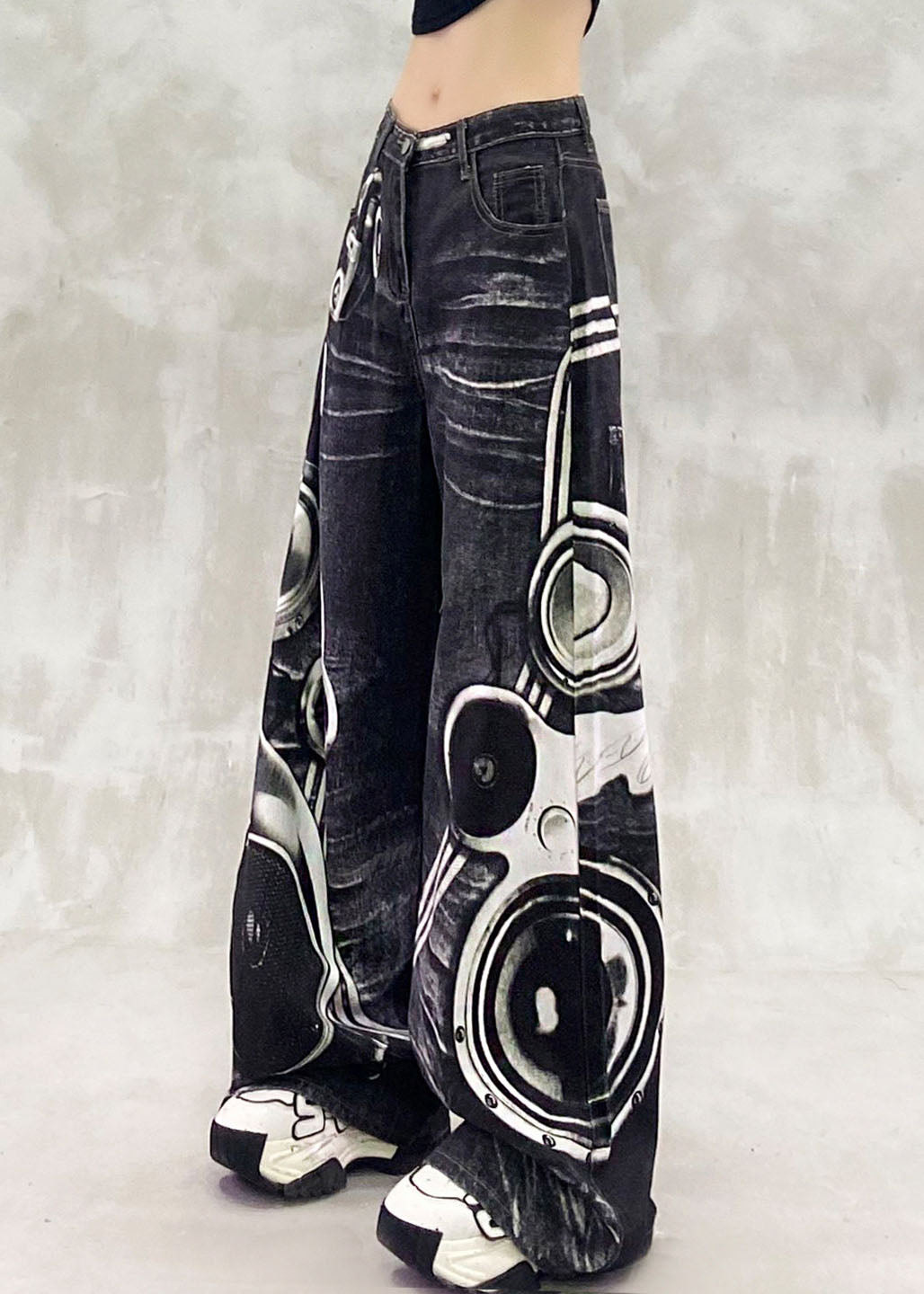 Casual Black Cartoon Print Pockets Patchwork Wide Leg Jeans