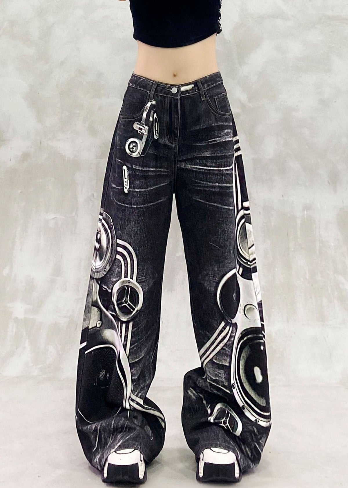 Casual Black Cartoon Print Pockets Patchwork Wide Leg Jeans