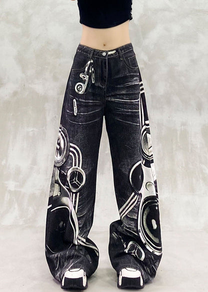 Casual Black Cartoon Print Pockets Patchwork Wide Leg Jeans