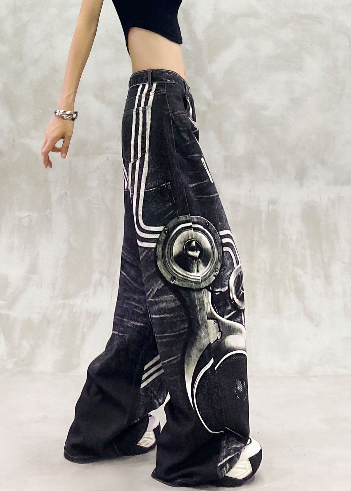 Casual Black Cartoon Print Pockets Patchwork Wide Leg Jeans