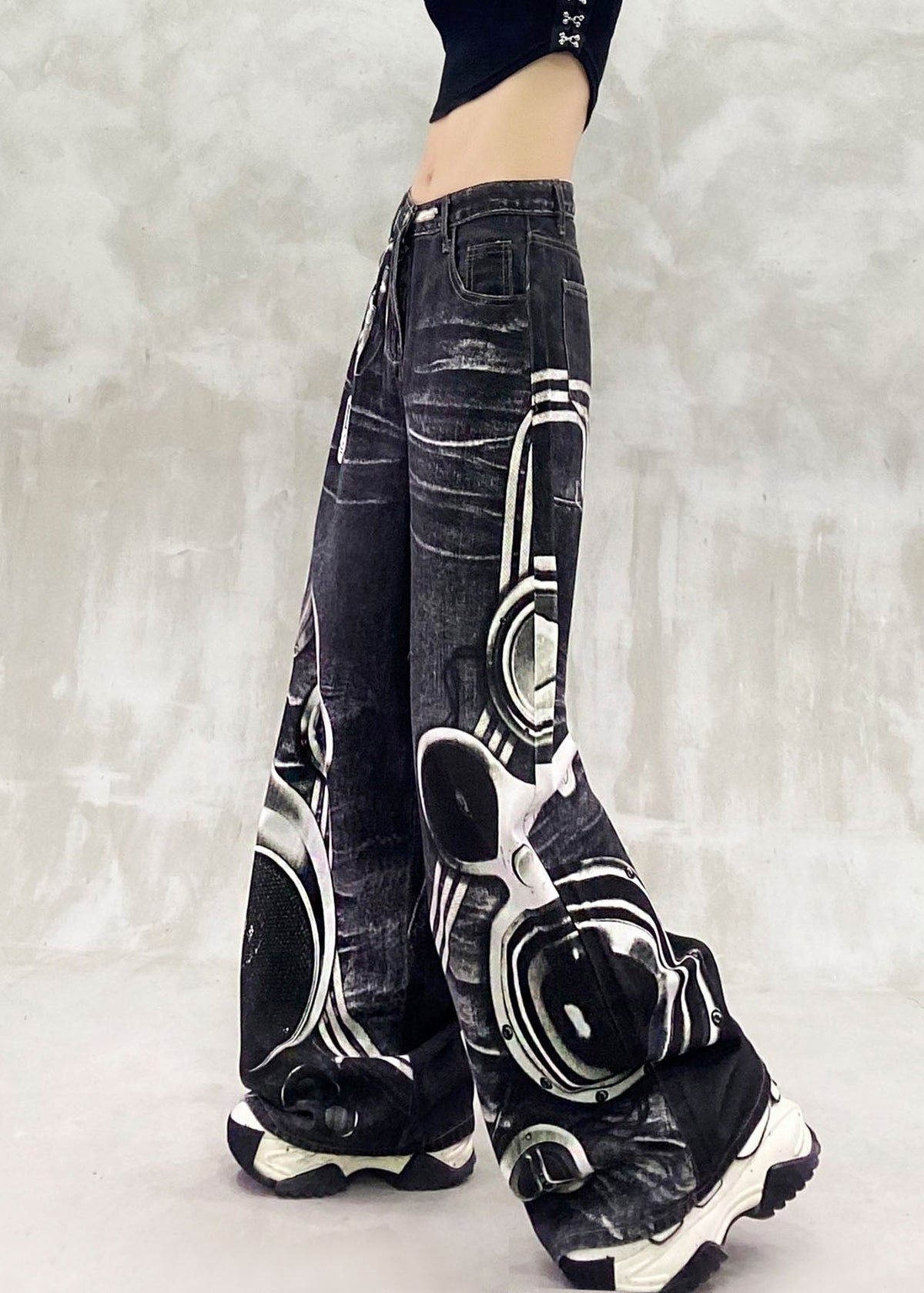 Casual Black Cartoon Print Pockets Patchwork Wide Leg Jeans