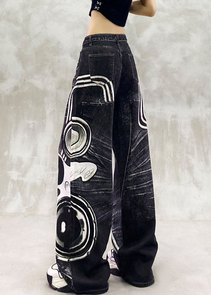Casual Black Cartoon Print Pockets Patchwork Wide Leg Jeans