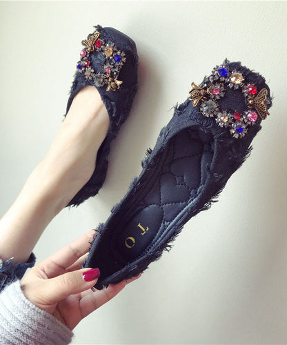 Casual Black Cotton Flat Shoes Splicing Zircon Buckle Decorated