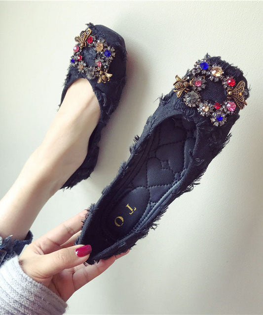Casual Black Cotton Flat Shoes Splicing Zircon Buckle Decorated