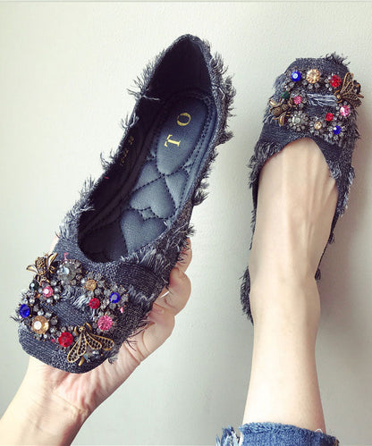 Casual Black Cotton Flat Shoes Splicing Zircon Buckle Decorated