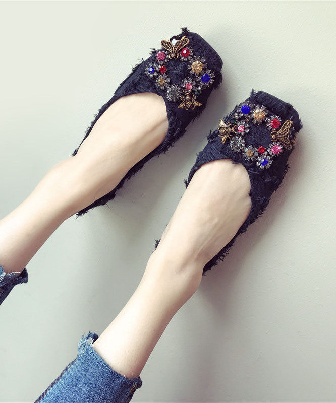 Casual Black Cotton Flat Shoes Splicing Zircon Buckle Decorated