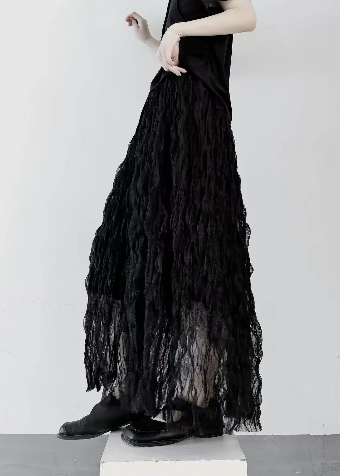 Casual Black Elastic Waist Wrinkled Tulle Skirt Fall