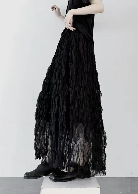 Casual Black Elastic Waist Wrinkled Tulle Skirt Fall