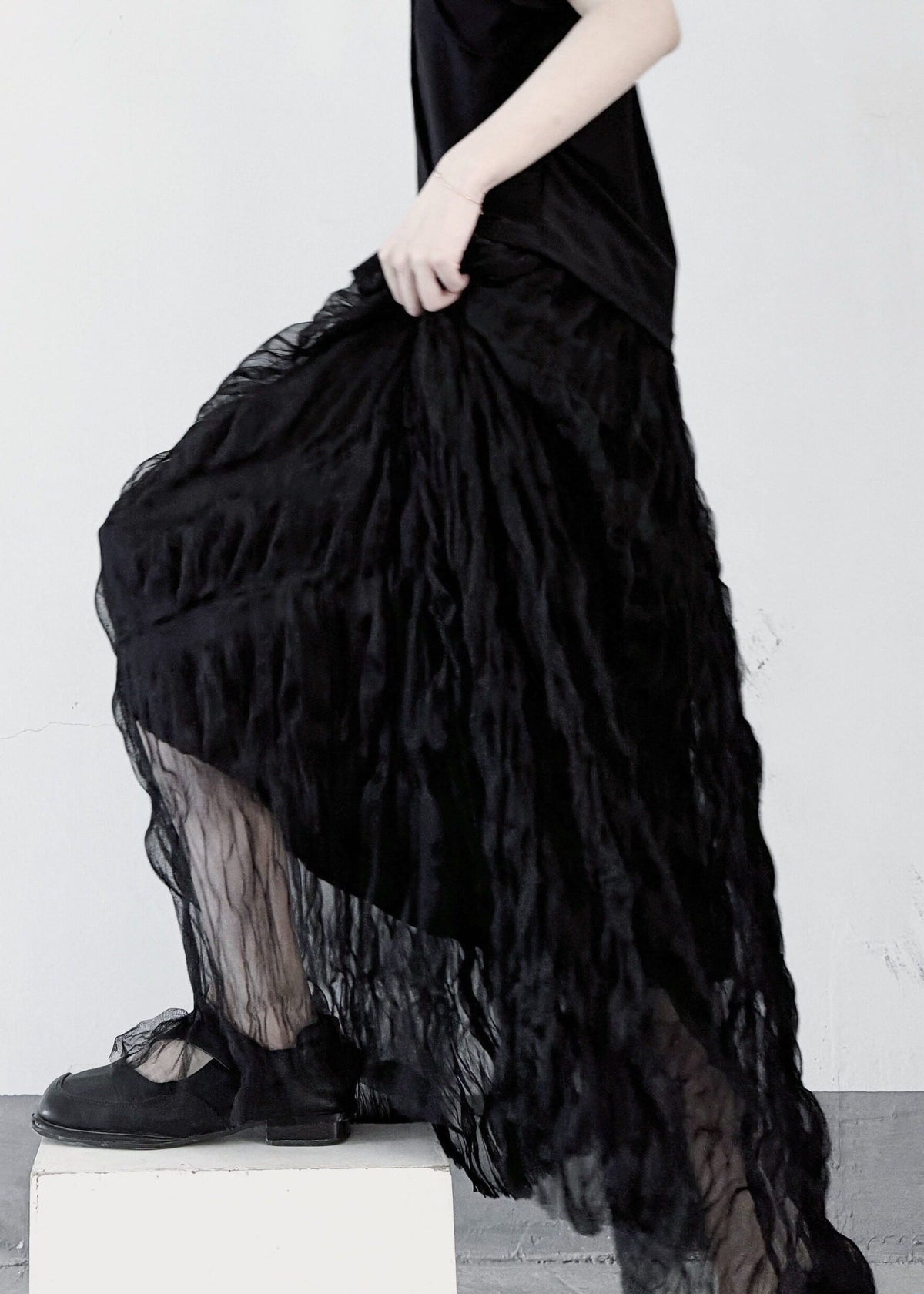 Casual Black Elastic Waist Wrinkled Tulle Skirt Fall