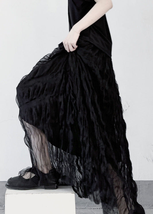 Casual Black Elastic Waist Wrinkled Tulle Skirt Fall
