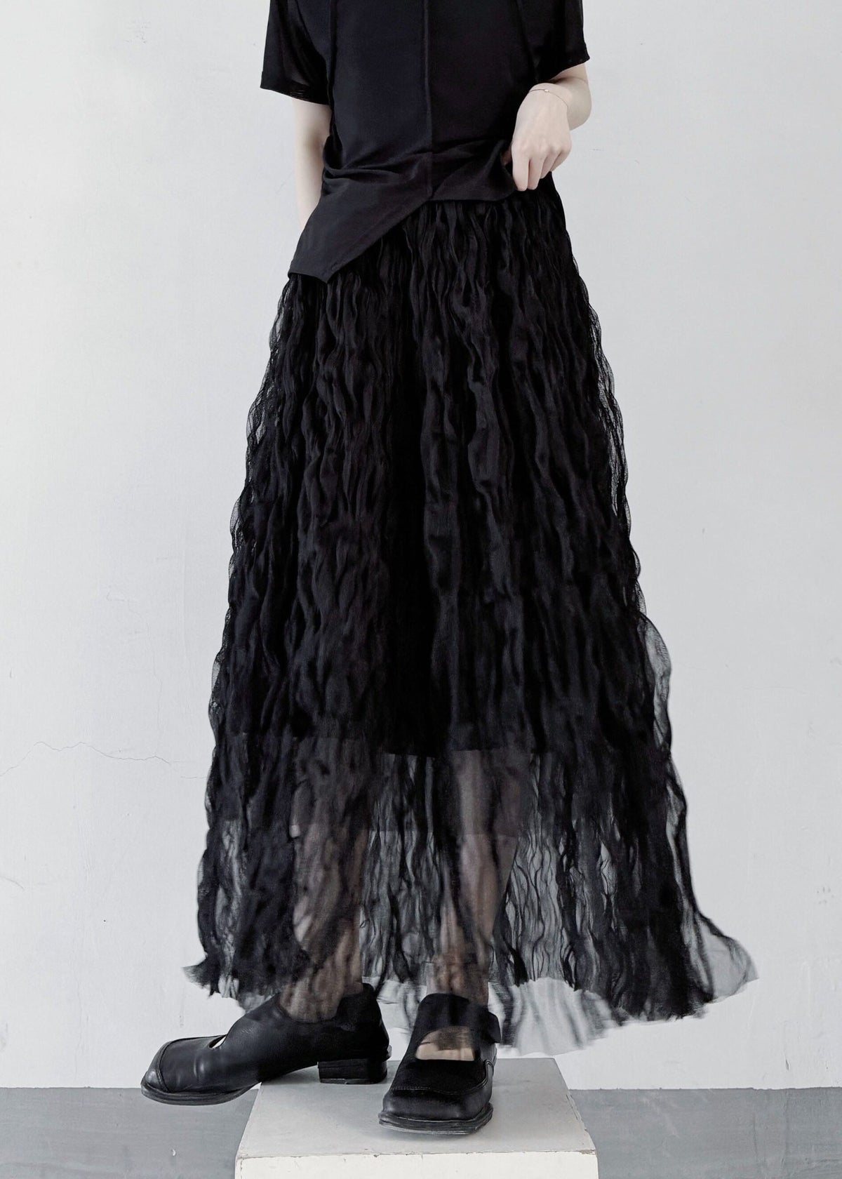 Casual Black Elastic Waist Wrinkled Tulle Skirt Fall