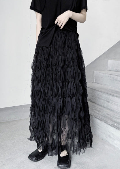 Casual Black Elastic Waist Wrinkled Tulle Skirt Fall