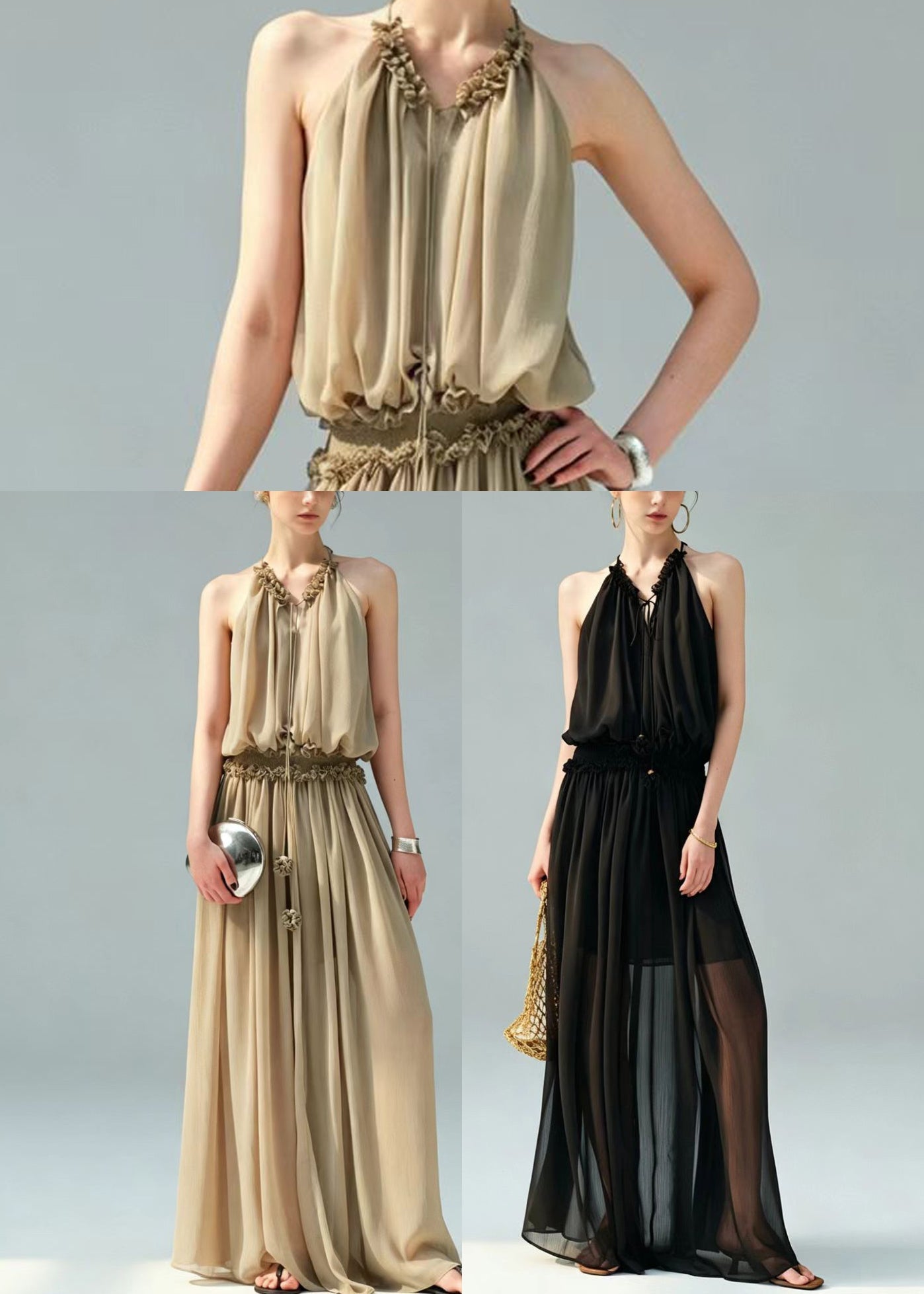 Casual Black Halter Cold Shoulder Chiffon Long Dress Summer