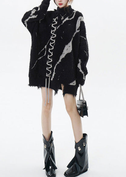 Casual Black High Neck Print Ripped Long Sweater Winter