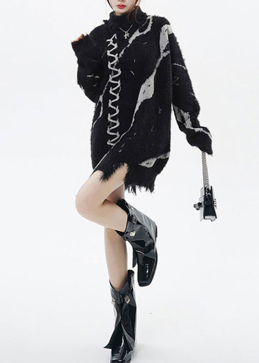 Casual Black High Neck Print Ripped Long Sweater Winter