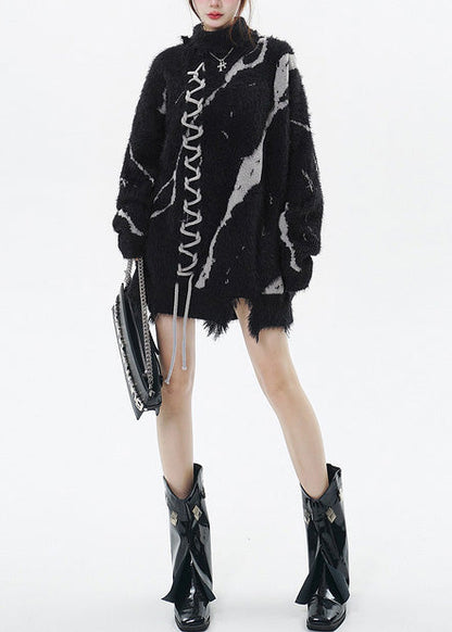 Casual Black High Neck Print Ripped Long Sweater Winter