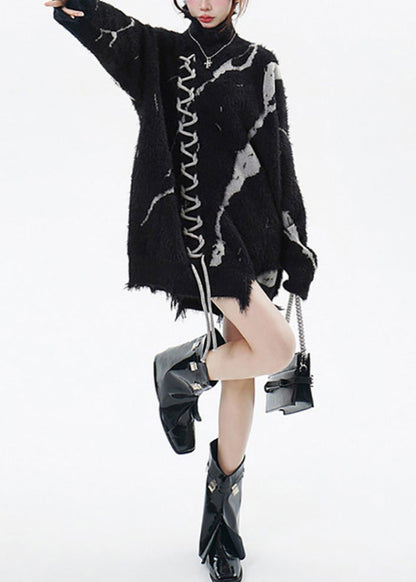 Casual Black High Neck Print Ripped Long Sweater Winter