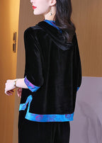 Casual Black Hooded Patchwork Silk Velour Pullover Sweatshirt Half sleeve