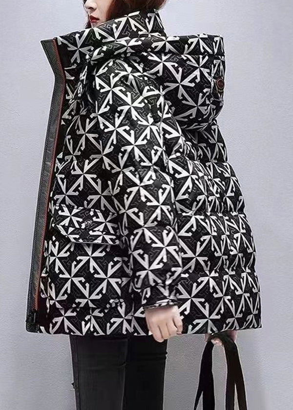 Casual Black Hooded Print Fine Cotton Filled Coats Winter
