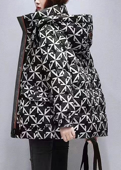 Casual Black Hooded Print Fine Cotton Filled Coats Winter