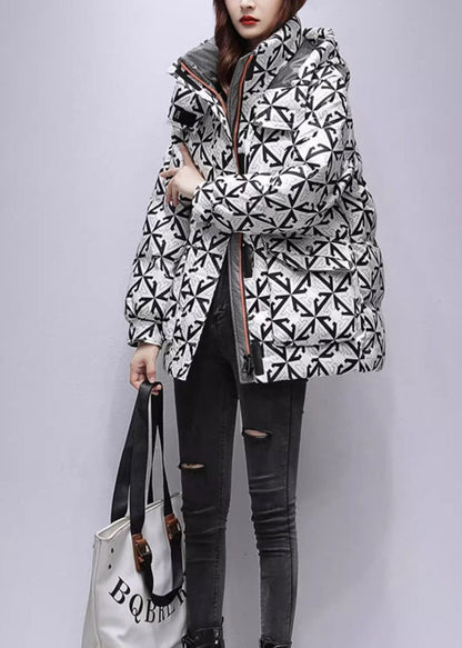 Casual Black Hooded Print Fine Cotton Filled Coats Winter