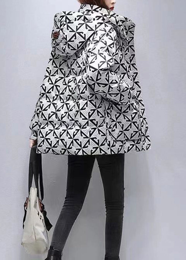 Casual Black Hooded Print Fine Cotton Filled Coats Winter