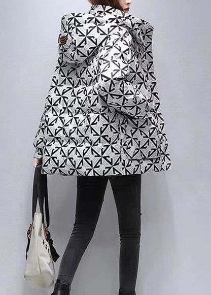 Casual Black Hooded Print Fine Cotton Filled Coats Winter