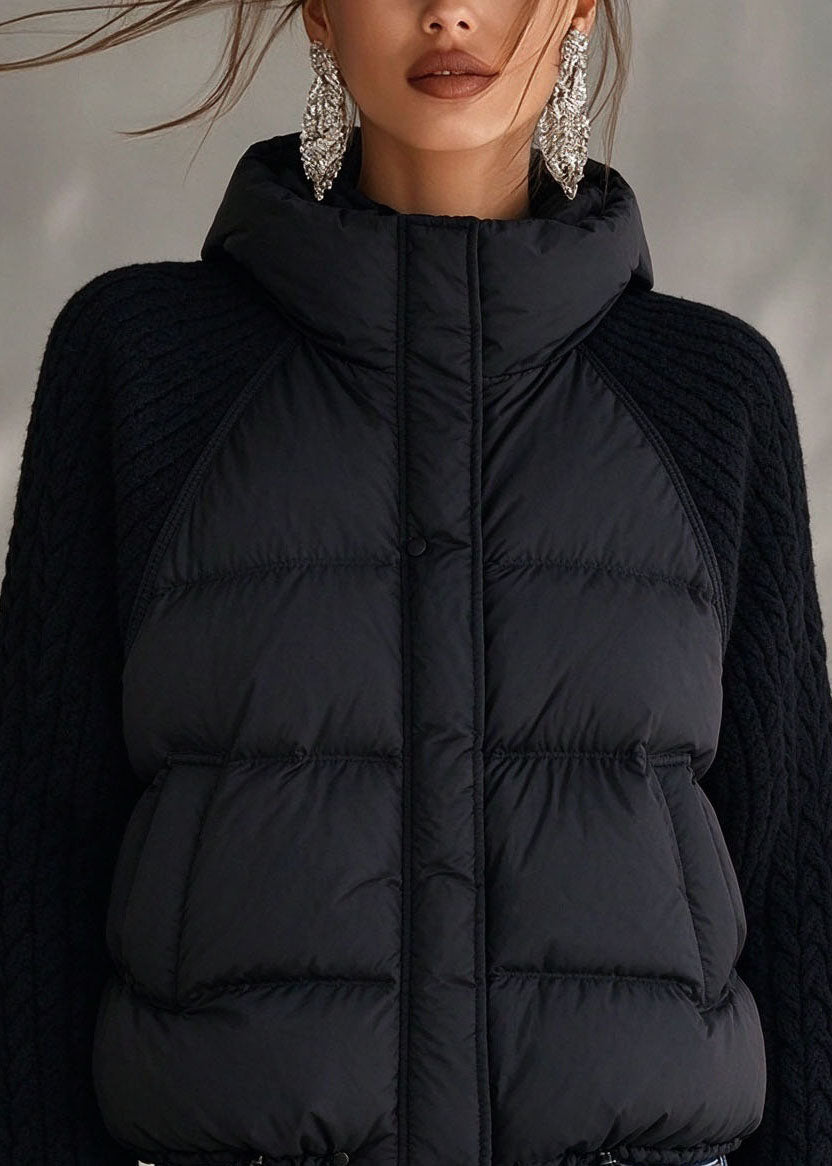Casual Black Knit Patchwork Drawstring Parka Long Sleeve