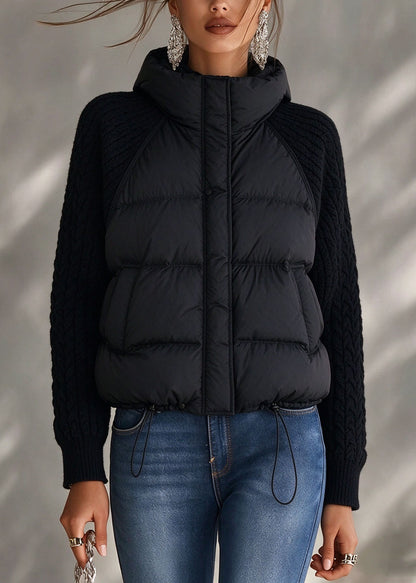 Casual Black Knit Patchwork Drawstring Parka Long Sleeve