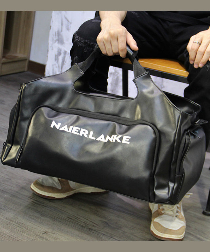 Casual Black Large Capacity Faux Leather Duffel Bag