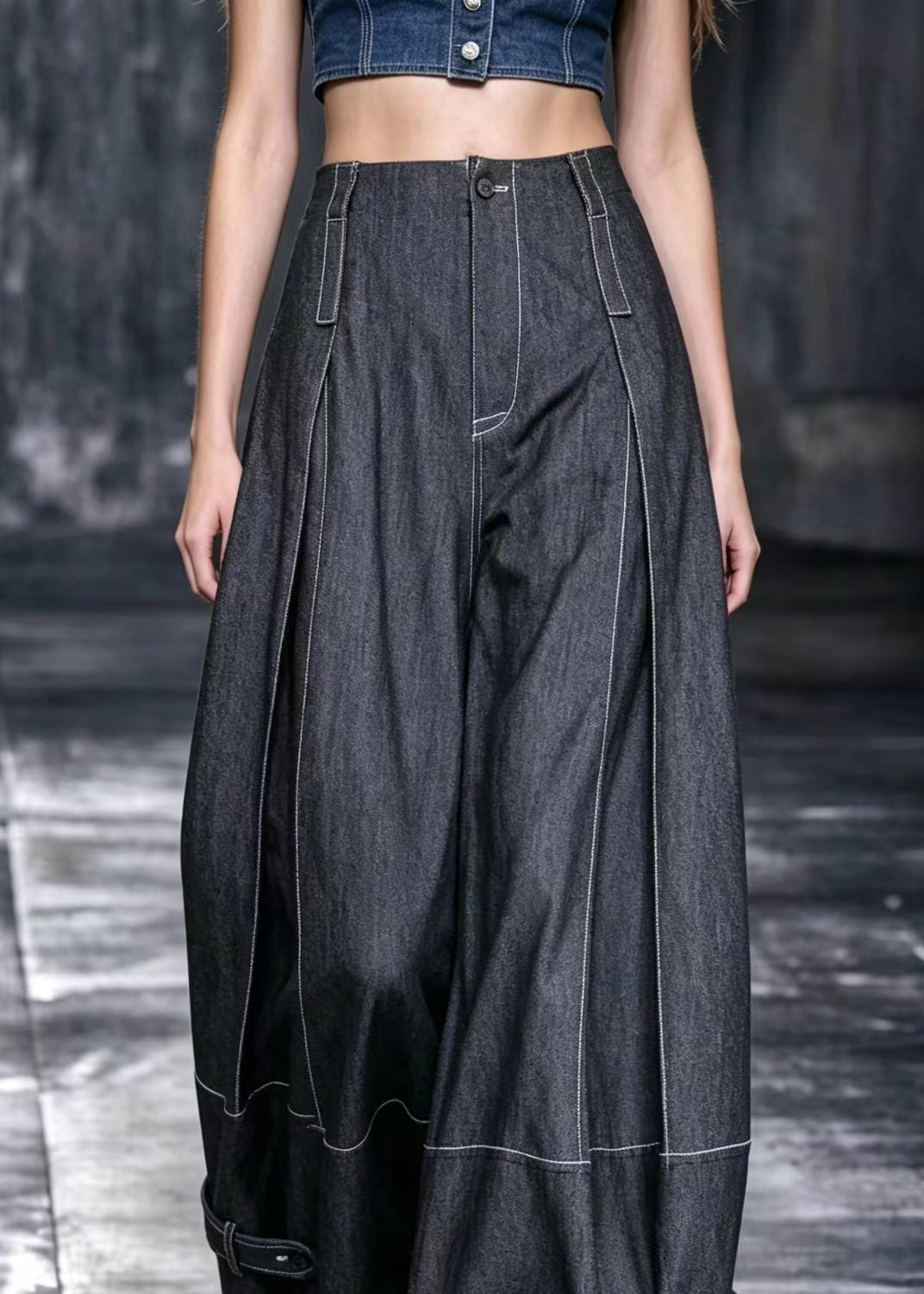 Casual Black Multi-Way Buttons Oversized Contrast Stitching Wide Leg Pants Fall