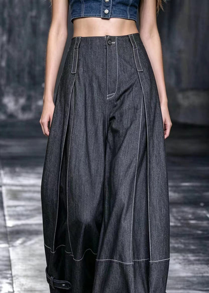 Casual Black Multi-Way Buttons Oversized Contrast Stitching Wide Leg Pants Fall