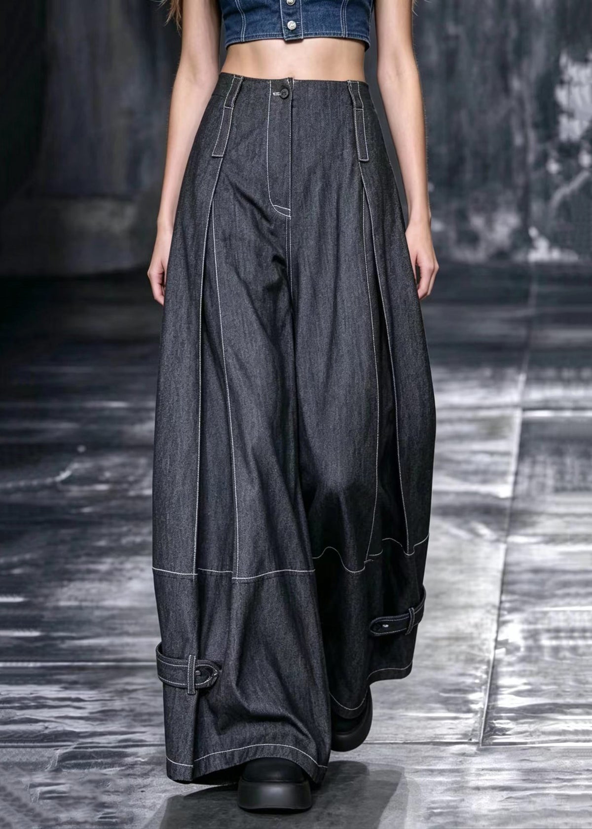Casual Black Multi-Way Buttons Oversized Contrast Stitching Wide Leg Pants Fall